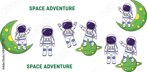 Cute astronaut cartoon characters space adventure set with moon and planet, kids cosmic exploration vector illustration collection