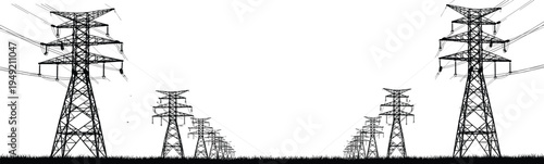 High voltage power transmission towers with electric lines, energy infrastructure landscape silhouette vector illustration for electricity grid concept