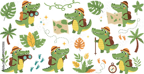 Cute Cartoon Crocodile Explorer Adventure Set with Map Backpack Binoculars Jungle Leaves Footprints Safari Vector Illustration