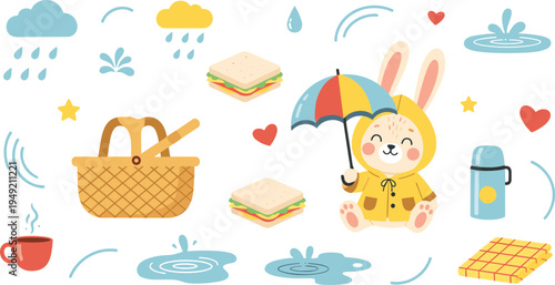 Cute Bunny in Raincoat with Umbrella Picnic Basket Sandwich Puddles Rain Weather Cartoon Character Vector Illustration Set