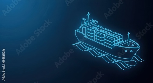 Blue neon outline of a cargo ship carrying containers sailing on waves