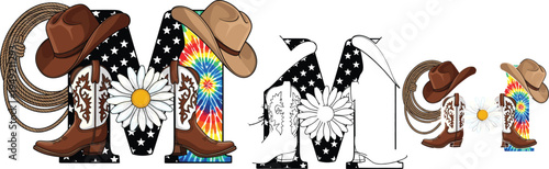 Western cowgirl style mom typography with cowboy boots, hat, rope and daisy floral decorative country vector illustration