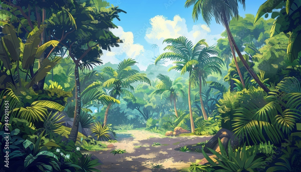 Obraz premium Lush tropical jungle landscape with vibrant greenery and scattered sunlight illuminating the serene environment