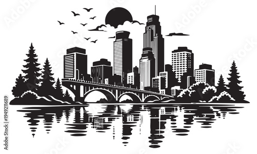 Photos Minneapolis Skyline Silhouette, Silhouette Vector, Isolated on White Background