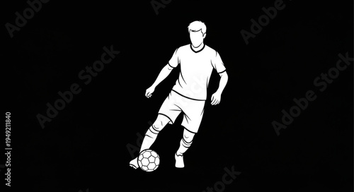 Soccer player dribbling ball on black background white illustration.