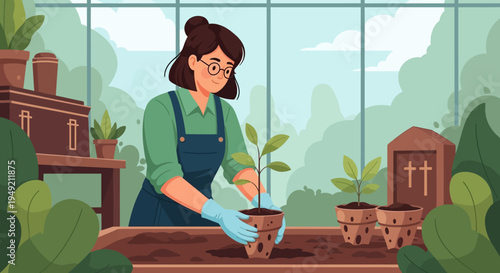 Woman Gardening with Potted Plants and Gloves.