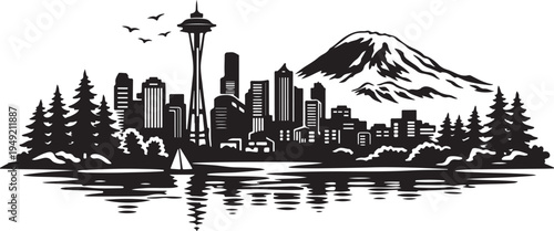 Seattle Skyline Silhouette, Silhouette Vector, Isolated on White Background