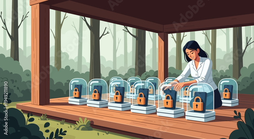 Woman Examining Birds in Glass Containers.