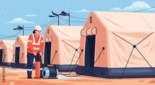 Worker Inspecting Portable Toilets at Construction Site.