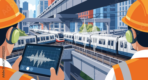 Workers Inspecting Train with Sound Wave Display.