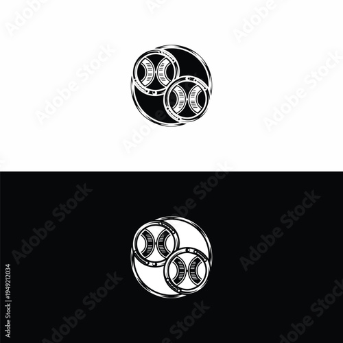 This abstract monochrome illustration features two stylized nested circles with intricate internal patterns, enclosed by a hand-drawn, grunge-like outer ring, presented on split black and white