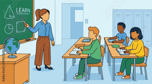 Diverse Students Learning Geometry from Teacher in Modern Classroom Illustration