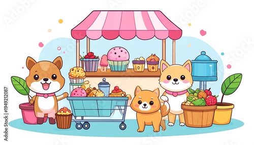 Adorable cartoon dogs at a colorful outdoor market stall with various treats and produce