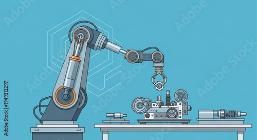 Industrial robot arm assembling complex machinery on a workbench.