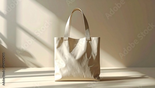 A canvas tote bag is centrally positioned against a cream-colored backdrop. Soft light casts shadows, enhancing the bag's form