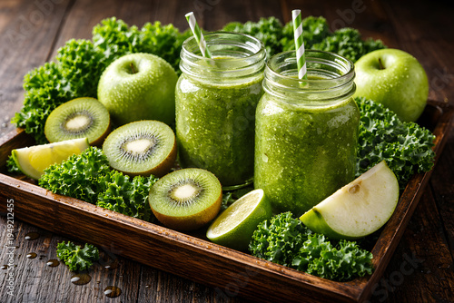 Fresh Green Smoothies with Kiwi Apple and Kale