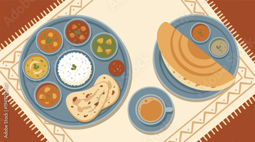 Traditional Indian Food Thali, Dosa, Rice, Breads, Curries and Tea Illustration