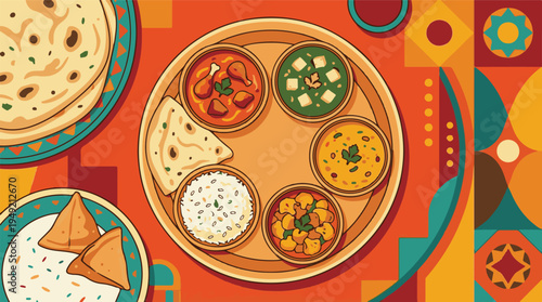 Vibrant Indian Thali illustration with traditional curries, rice, and bread