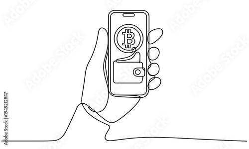 Continuous line drawing of hand holding smartphone with bitcoin and wallet