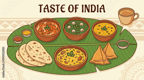 Delicious Indian Cuisine Spread with Traditional Dishes and Chai Illustration