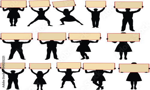 Black silhouettes of men and women holding blank protest signs and empty banners for community announcements social activism and marketing message designs