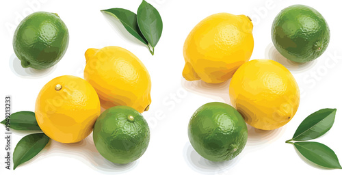 Lemons and Limes with Leaves on White Background