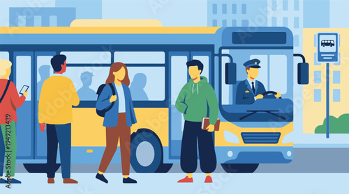 Urban public transport scene with bus, driver, and passengers illustration