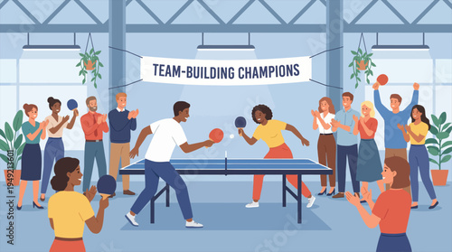 Celebrating team-building champions in a lively ping pong tournament