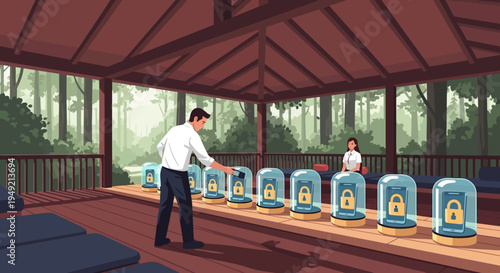 Man Arranging Water Coolers in Pavilion.