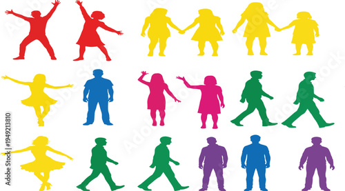 Collection of colorful silhouettes featuring men women and children in various active poses like walking dancing and holding hands for community designs