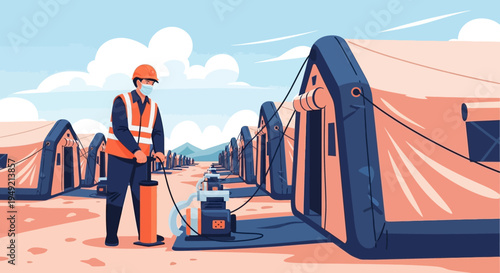 Man in Safety Gear Inspecting Tents.