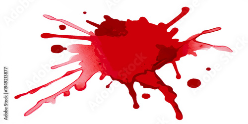An artistic red paint splash and ink splatter design featuring a grunge liquid drip and blood stain illustration isolated on a white background for horror or heart love vector art