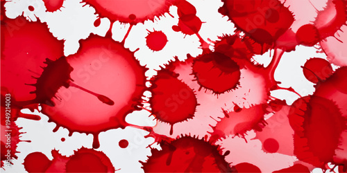 Abstract red paint background featuring watercolor splashes and vector heart shapes combined with organic red blood cells and ink splatter elements for a grunge art design