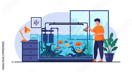 Man Maintaining Large Home Aquarium Tank.