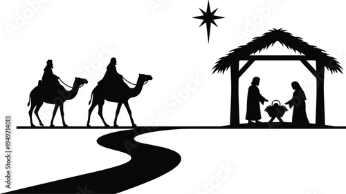 Christmas nativity scene silhouette with star Mary Joseph baby Jesus and wise men on camels isolated on white background