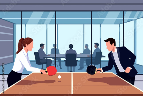 Professionals playing table tennis in a modern office conference room
