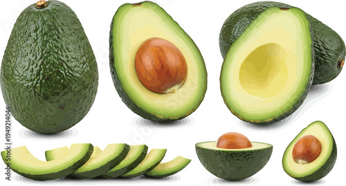 Green Avocado Fruit Slices and Halves on White Background