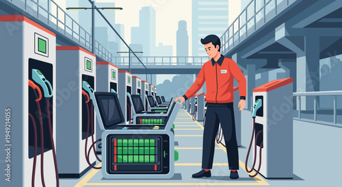 Man Refueling Electric Car at Charging Station.