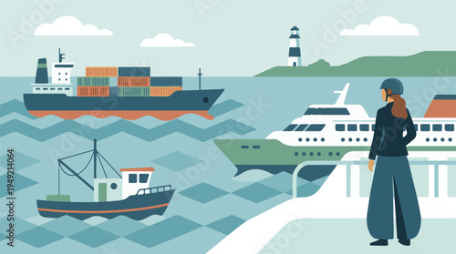 Flat design port scene: cargo ship, ferry, fishing boat, and lighthouse.