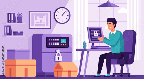 Man securing data on digital tablet.