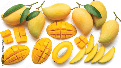 Fresh Yellow Mangoes Sliced on White Background