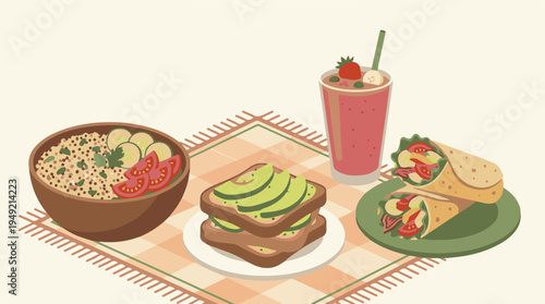 Healthy vegan breakfast or lunch meal set with quinoa bowl, wraps, avocado toast, and smoothie