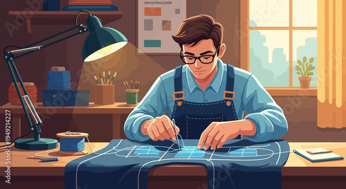 Man Working on Denim Jeans with Needle.