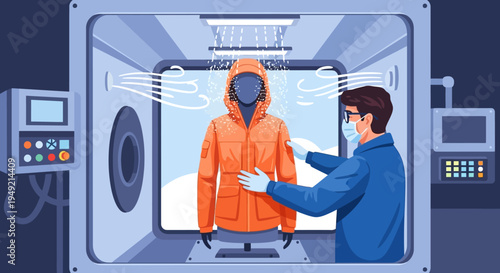 Scientist in lab examining orange hazmat suit.