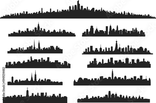 Collection of city skyline silhouettes with modern skyscrapers and urban buildings, minimalist black cityscape set isolated on light background, metropolitan architecture skyline bundle