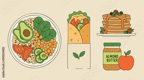 Healthy Meal and Snack Options: Buddha Bowl, Wrap, Pancakes, Almond Butter
