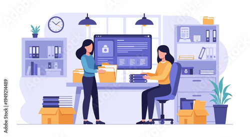 Two Women Working in Modern Office Space.