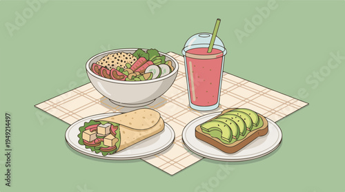 Healthy Vegetarian Meal Illustration with Salad, Smoothie, Wrap, Avocado Toast