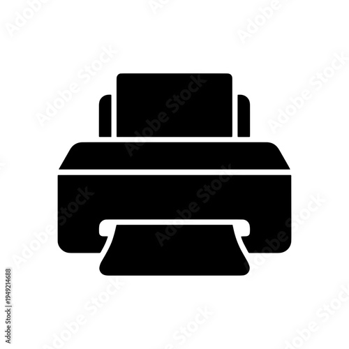 A clean, solid black silhouette icon representing a computer printer with paper, perfect for UI/UX design, apps, and business websites.