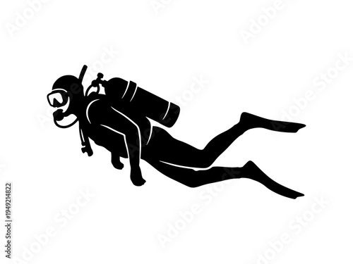 A clean black silhouette of a scuba diver swimming with full equipment, including tank, mask, and fins. Ideal for marine, travel, and adventure sports designs.